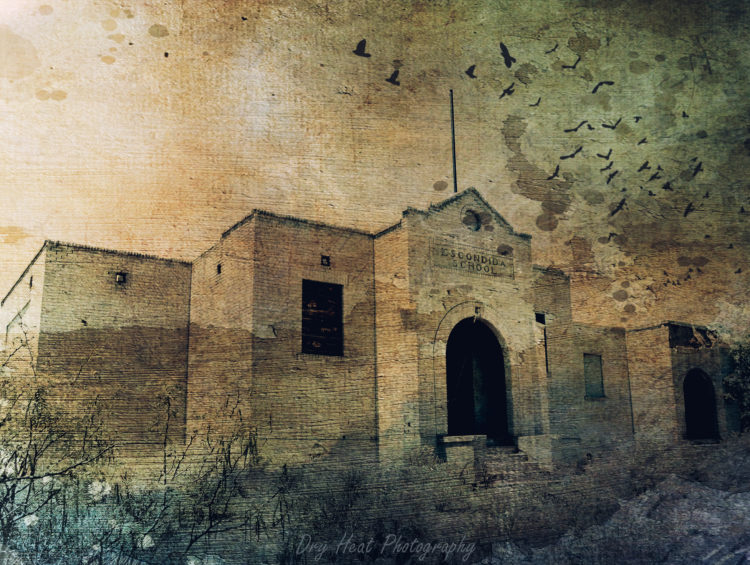 Artistic textured photo of the abandoned school in Escondida, New Mexico.