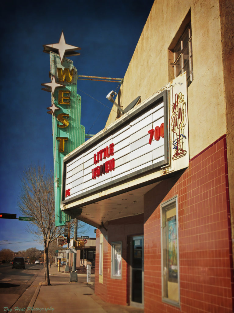 The West Theatre has a classic neon sign on Route 66 in Grants, New Mexico.
