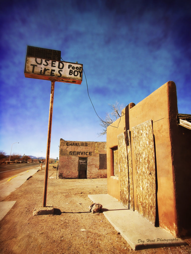 Abandoned tire shop on Route 66 in Grants, New Mexico.