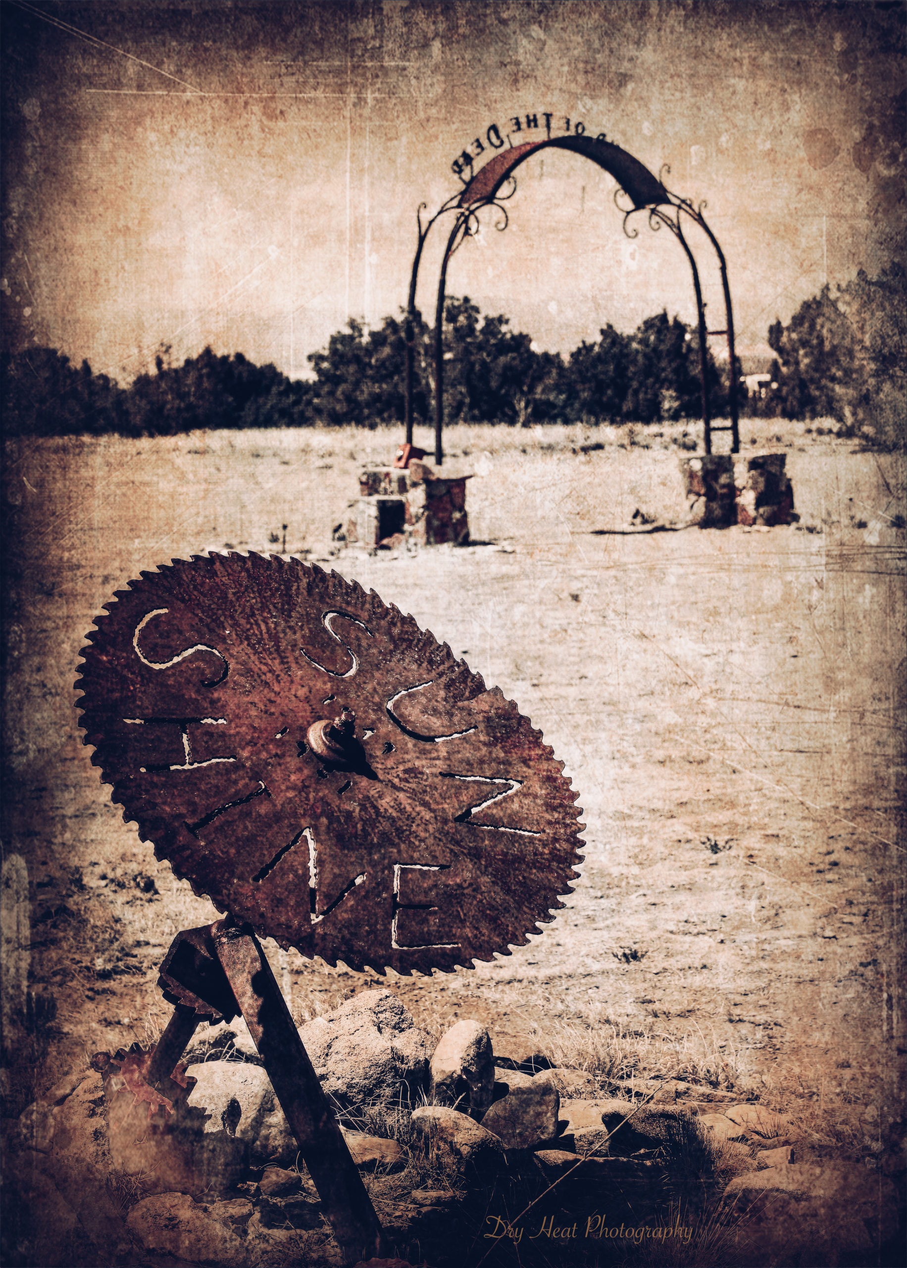 Saw blade grave marker at the Land of the Dead Cemetery in Madrid, New Mexico.