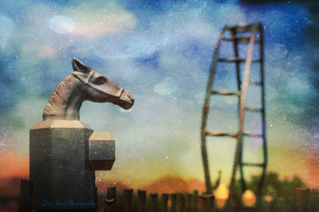 Horse fence post at the Land of the Dead Cemetery in Madrid, New Mexico.