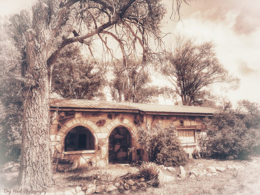 Stone outbuilding at the Shaffer Hotel in Mountainair, New Mexico.