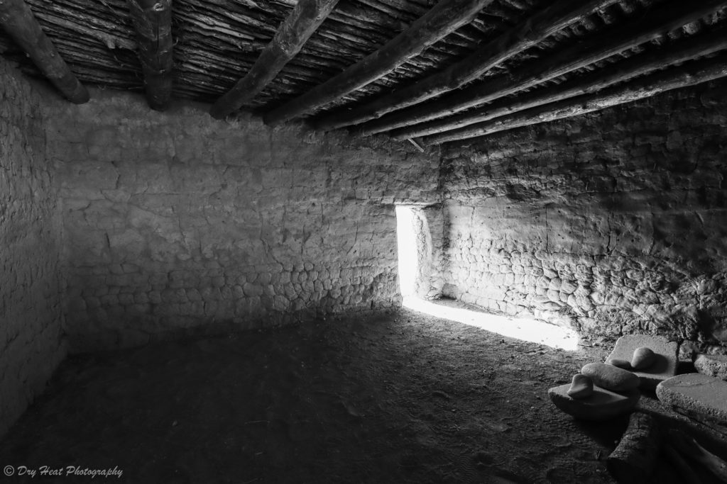 Interior of a historic building at the Coronado Historic Site in Bernalillo, New Mexico.