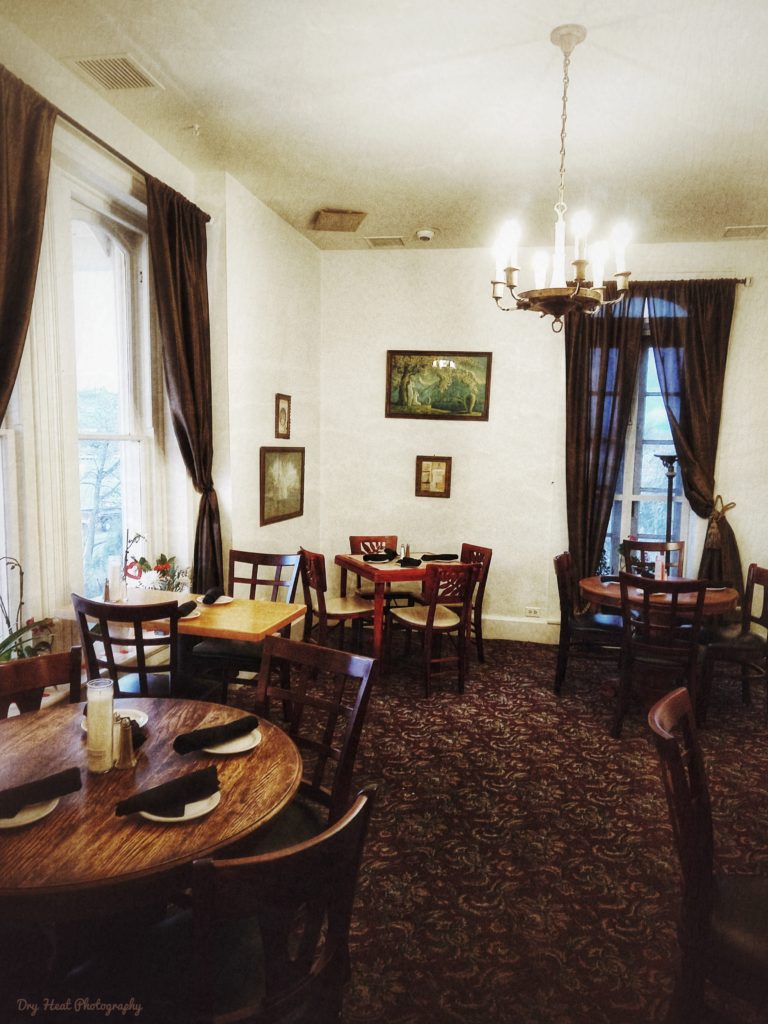Interior shot in the upstairs dining room of the Luna Mansion.