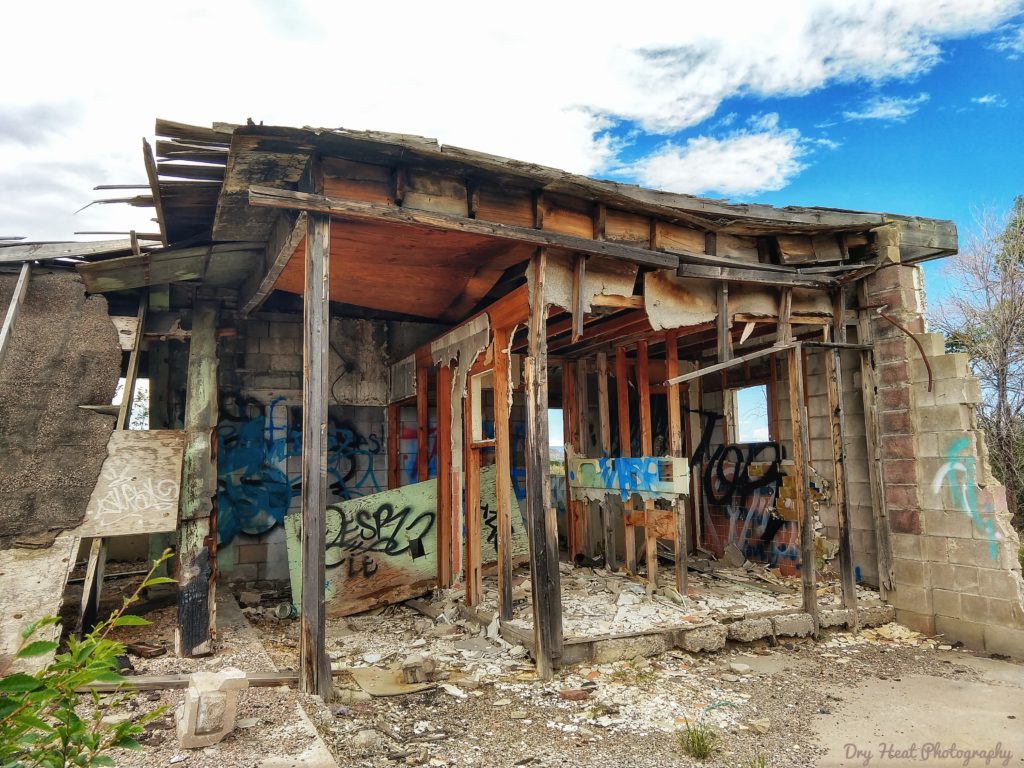 Fire damage at the abandoned Whiting Bros Gas Station near Grants, New Mexico.