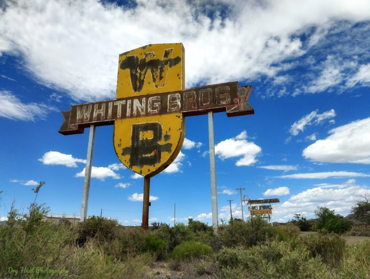 Vintage sign in front of the abandoned Whiting Bros Filling Station on Route 66 near Grants, New Mexico.