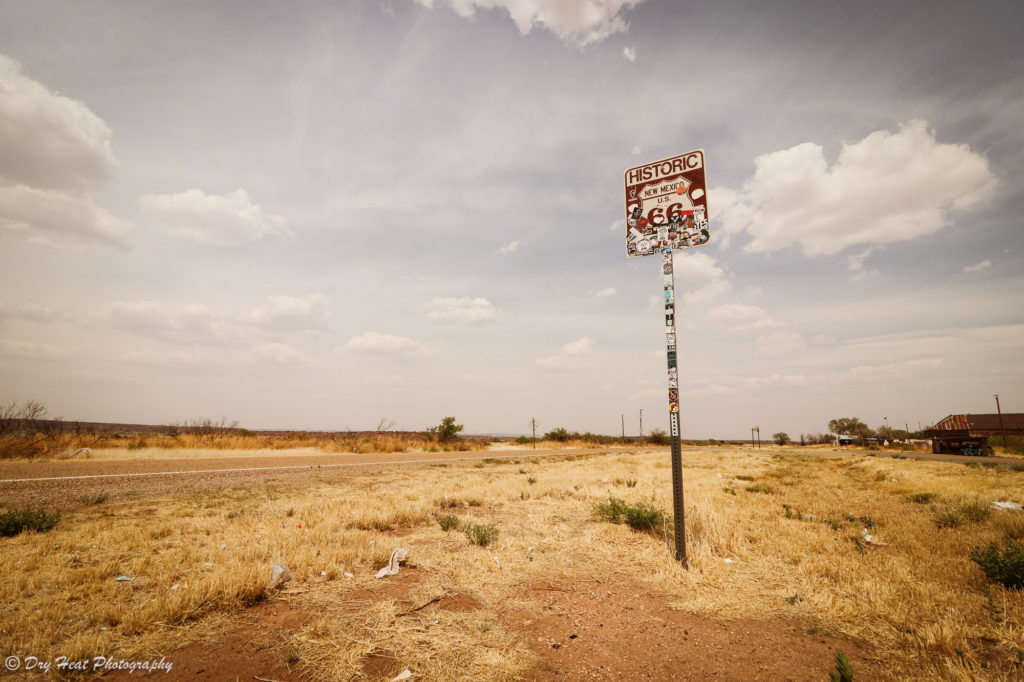 Historic Route 66 sign in the ghost town of Newkirk, New Mexico.