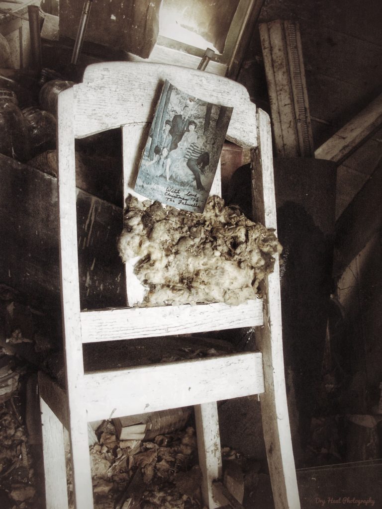 Jerry Falwell postcard nailed to a chair in an abandoned house in Navarino, Wisconsin.