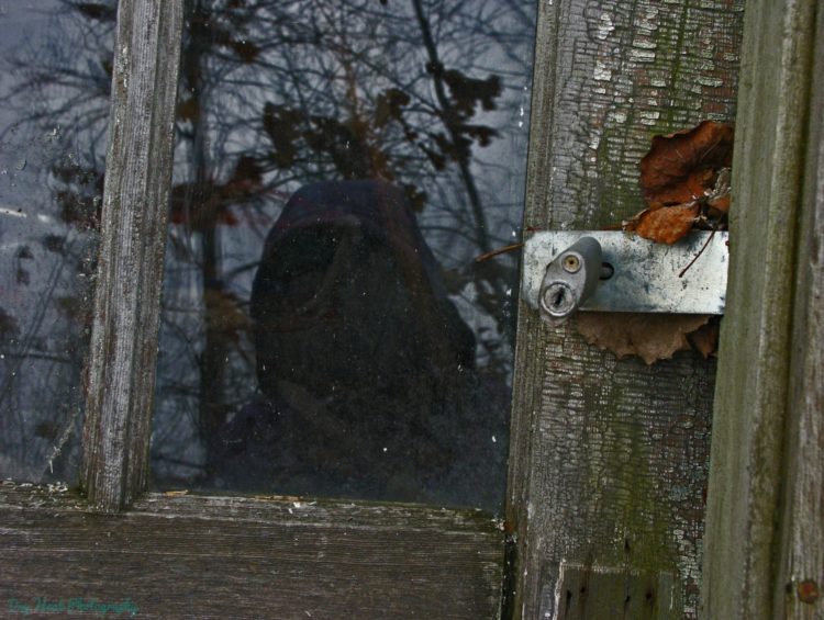 My reflection in the front door of an abandoned house in Navarino, Wisconsin.