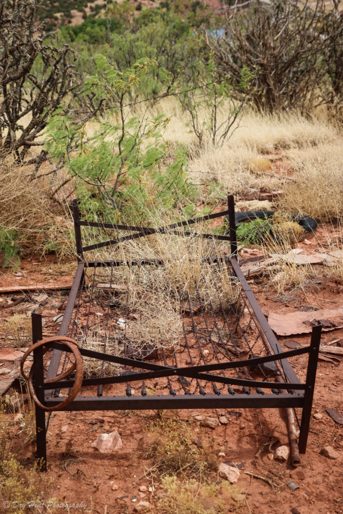Abandoned bed frame in the Route 66 ghost town of Cuervo, New Mexico.