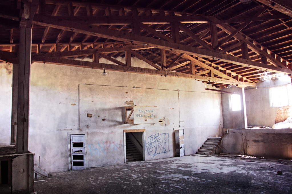 Gymnasium of the abandoned Cedarvale School in Cedarvale, New Mexico.
