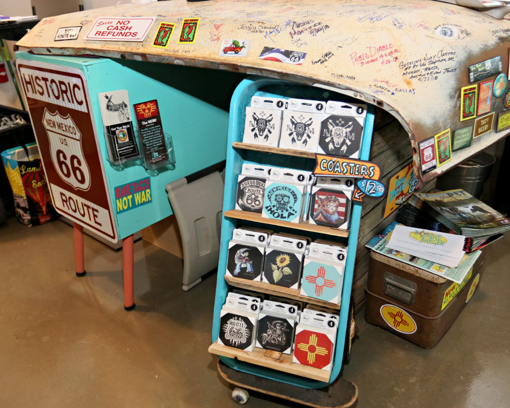 Coasters with original designs by Darryl Willison. Merc 66 Artist Collective Gallery in the El Vado Motel on Route 66 in Albuquerque, New Mexico.