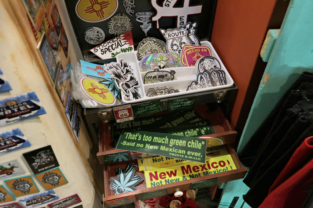 Stickers with original designs by Darryl Willison. Merc 66 Artist Collective Gallery in the El Vado Motel on Route 66 in Albuquerque, New Mexico.